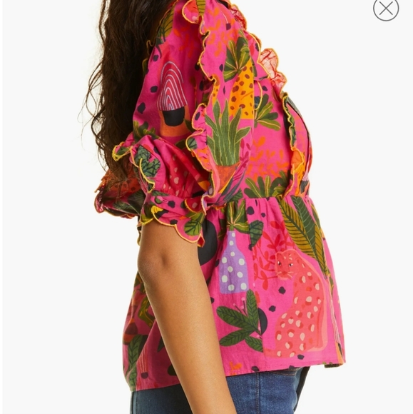 Farm Rio Pop Leopards Blouse Size Small NWT Valentine's Spring Beach Vacay - Picture 10 of 16
